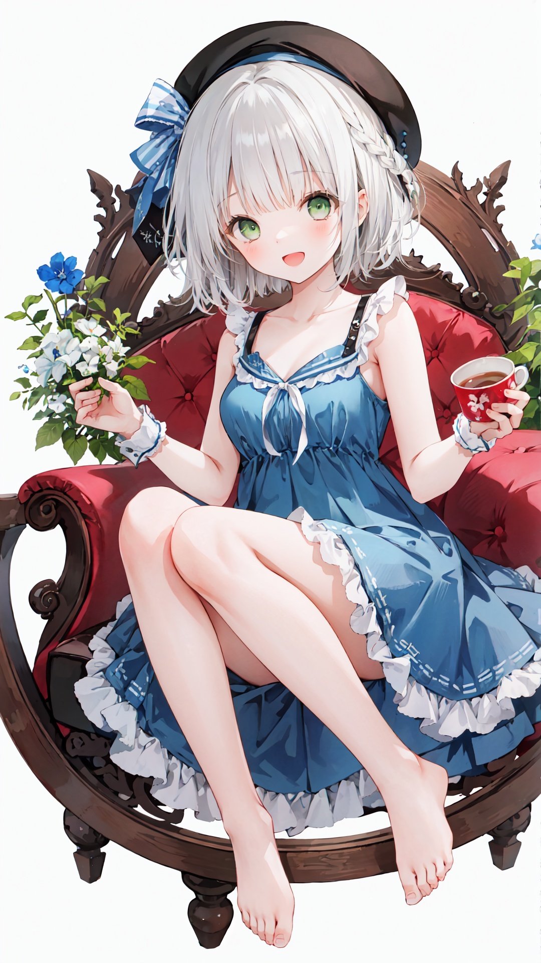 1girl, cup, solo,  hat, in cup, braid, white hair, open mouth, feet, looking at viewer, toes, dress, smile, wrist cuffs, teacup, barefoot, shoes, bangs, soles, black headwear, in container, beret, white background, collarbone, :d, bare legs, green eyes, sitting, shoes removed, short hair, sleeveless, full body, single shoe, blue dress, blunt bangs, bare shoulders, breasts, ribbon, simple background