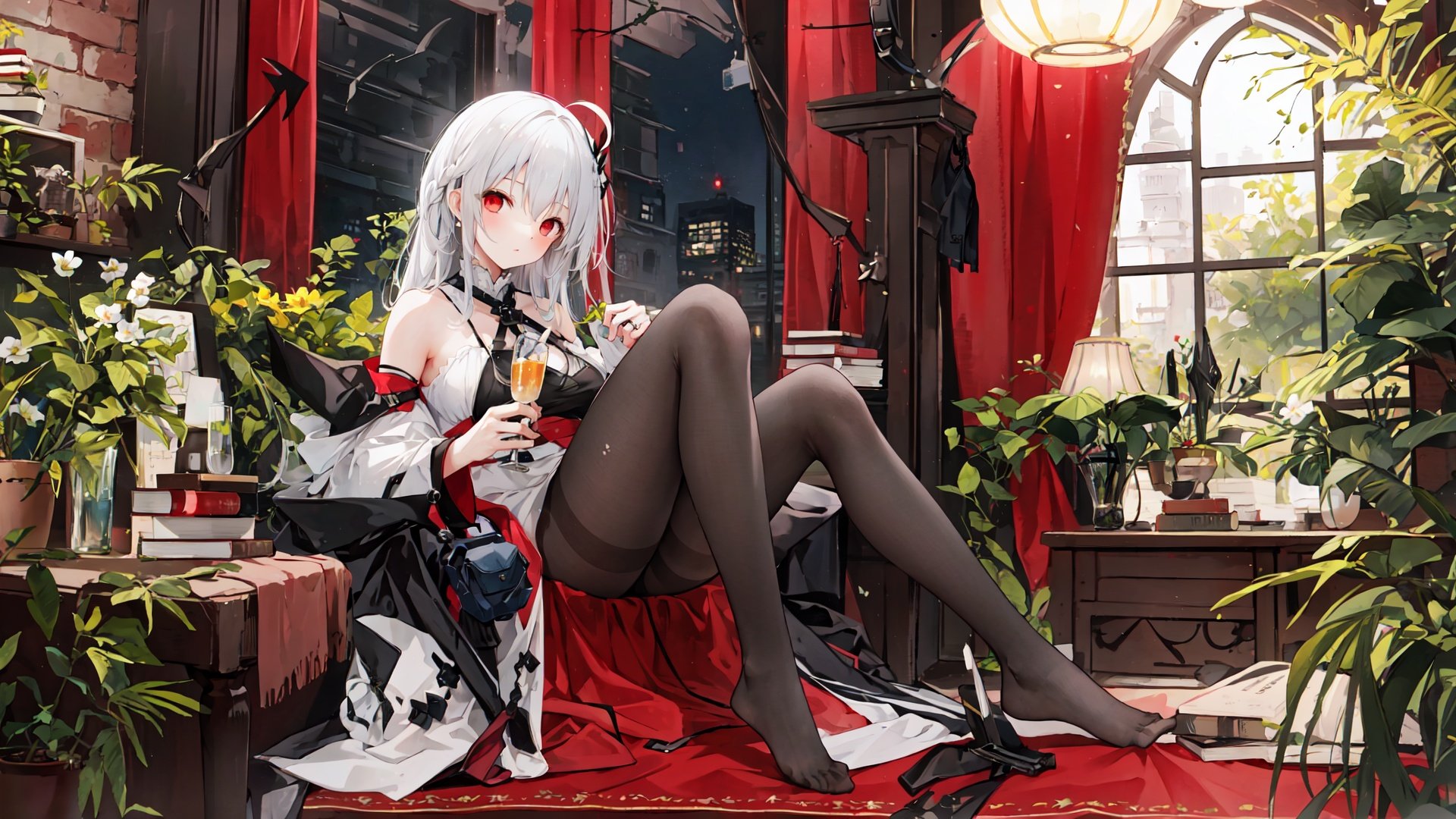 1girl, red eyes, pantyhose, solo, breasts, dress, white hair, holding, indoors, looking at viewer, cup, no shoes, sitting, black dress, bare shoulders, ahoge, drinking glass, plant, thighband pantyhose, feet, window, black pantyhose, bangs, food, full body, bridal gauntlets, large breasts, hair ornament, flower, legs, night, holding cup, jewelry, table, shoes, book, long hair, skadi (arknights), brown pantyhose