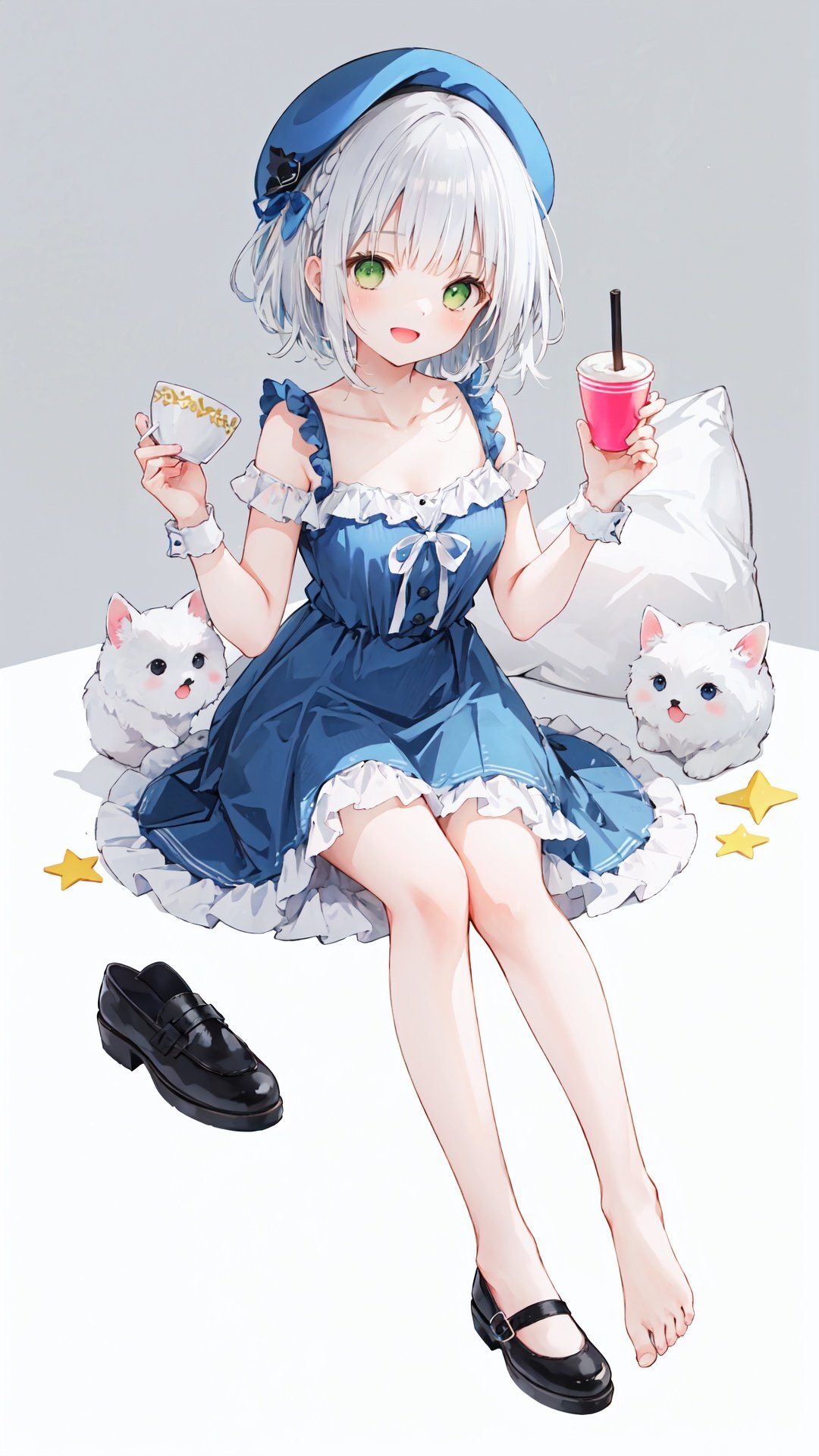 1girl, cup, solo,  hat, in cup, braid, white hair, open mouth, feet, looking at viewer, toes, dress, smile, wrist cuffs, teacup, barefoot, shoes, bangs, soles, black headwear, in container, beret, white background, collarbone, :d, bare legs, green eyes, sitting, shoes removed, short hair, sleeveless, full body, single shoe, blue dress, blunt bangs, bare shoulders, breasts, ribbon, simple background