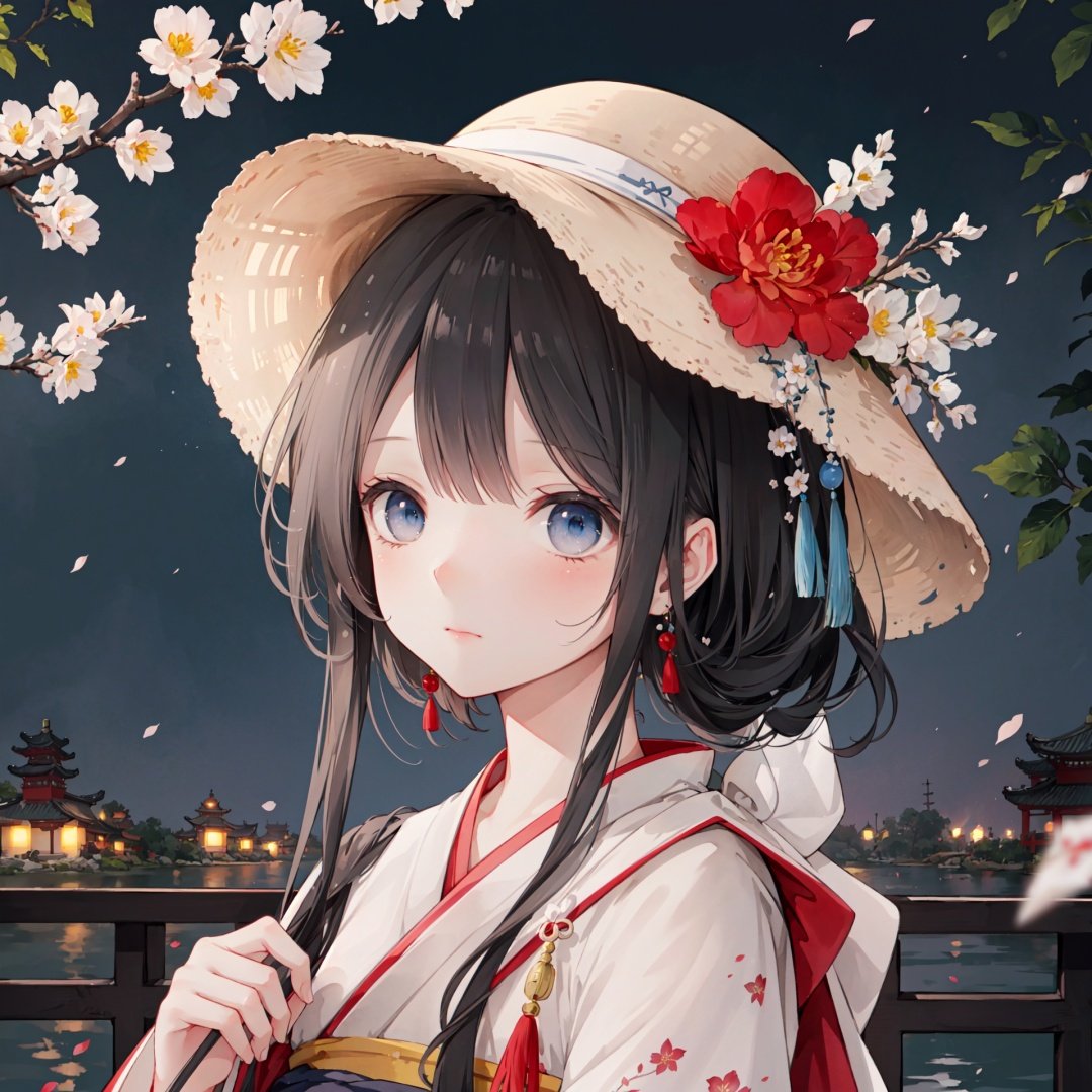  (ultra-detailed,illustration,Ink wash painting,beautiful light:1.0), ((masterpiece)),((best quality)),detailed face,beautiful detailed eyes,best quality,amazing,finely detail,depth of field,extremely detailed cg unity 8k wallpaper (chinese garden, plum blossom,snow,night:1.0) (hanfu,headwear, jewelry,hair_flower:1.2) (floating hair,black hair, blue eyes:1.1),