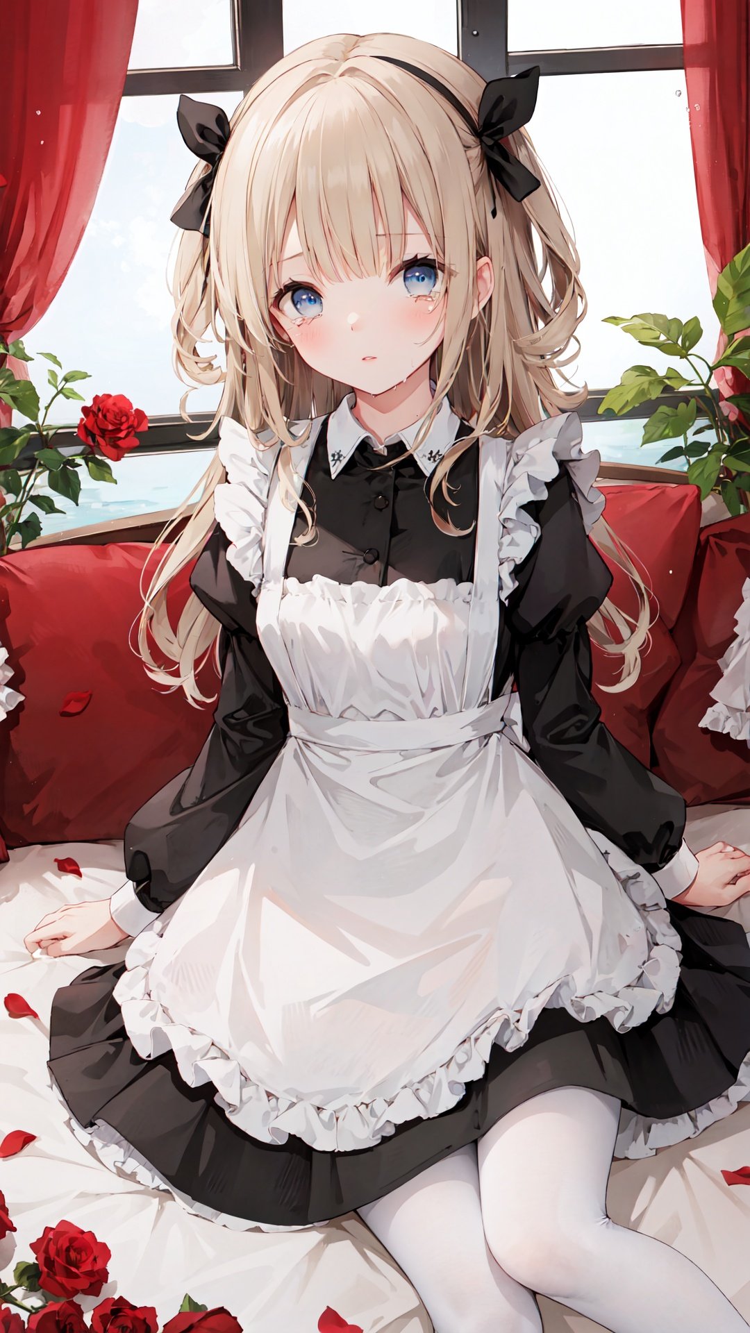 1girl, solo, long hair, maid, blonde hair, apron, pantyhose, looking at viewer, flower, dress, maid headdress, black pantyhose, maid apron, red flower, rose, sitting, long sleeves, frills, blush, bangs, water, black dress, red rose, white apron, petals, wet, twitter username, parted lips, blue eyes, frilled dress, tears