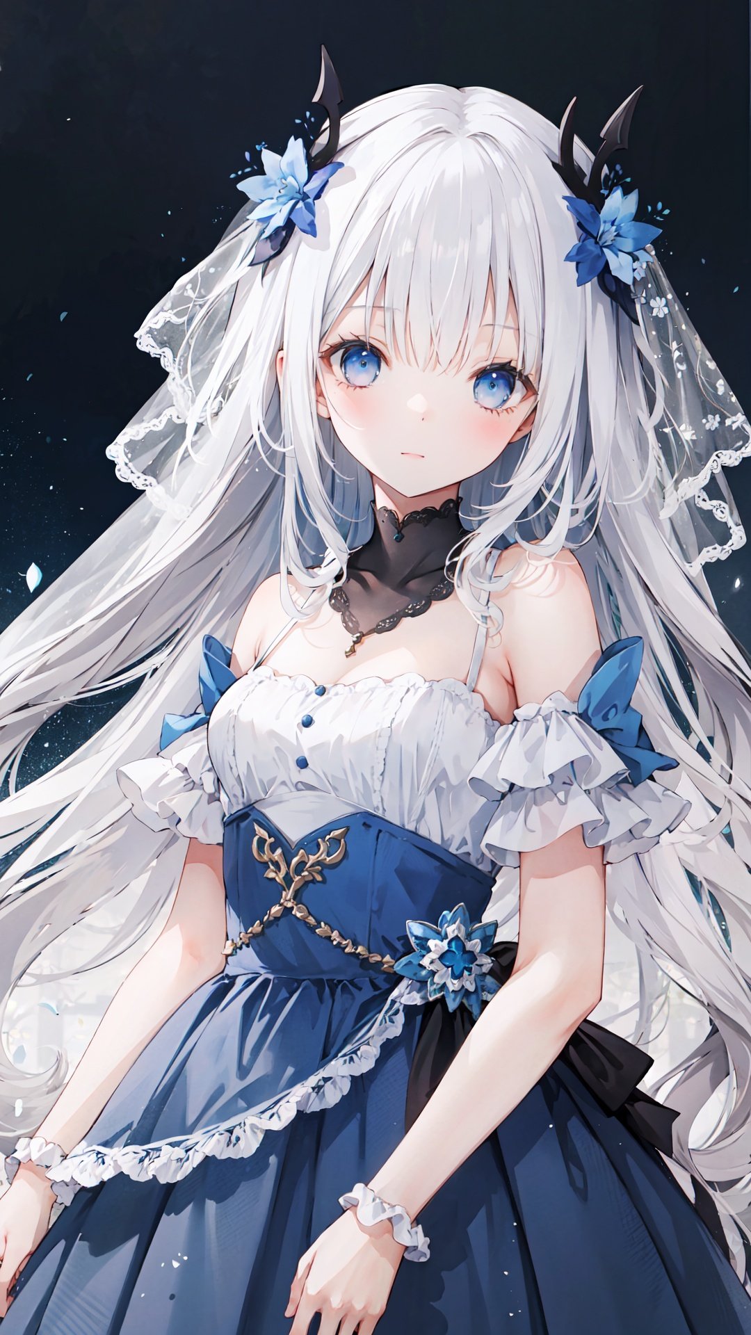 1girl, white hair, blue dress, long hair, dress, solo, hair ornament, forehead mark, veil, bare shoulders