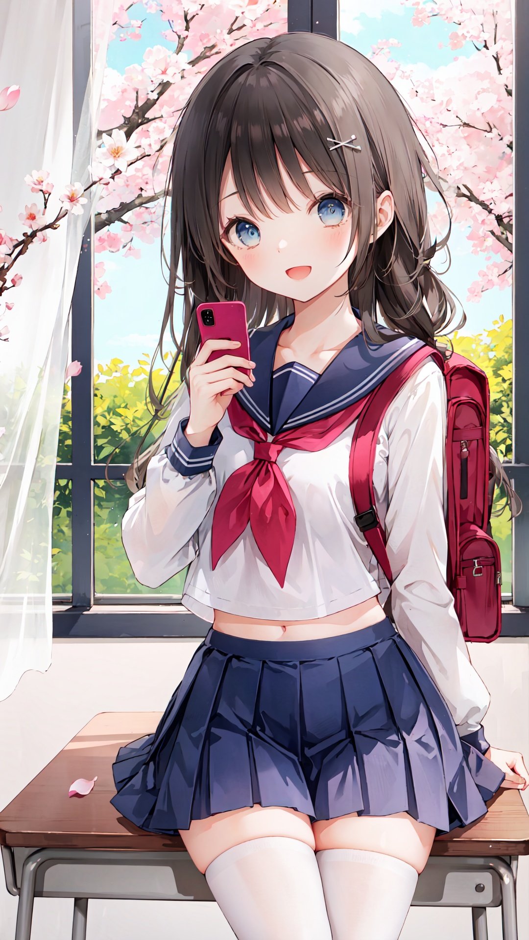 skirt, school uniform, thighhighs, sitting, multiple girls, serafuku, petals, open mouth, shirt, desk, holding, white shirt, bag, phone, cherry blossoms, long hair, pleated skirt, long sleeves, solo focus, chair, curtains, school desk, window, sailor collar, smile, indoors, cellphone, 2girls, brown hair, neckerchief, classroom, blue skirt, bangs, blue eyes, blush, :d, smartphone, zettai ryouiki, day, midriff peek, school chair, black skirt, tree, pencil case, backpack, book, holding phone, black hair, green eyes, blue sailor collar, white thighhighs, hand up