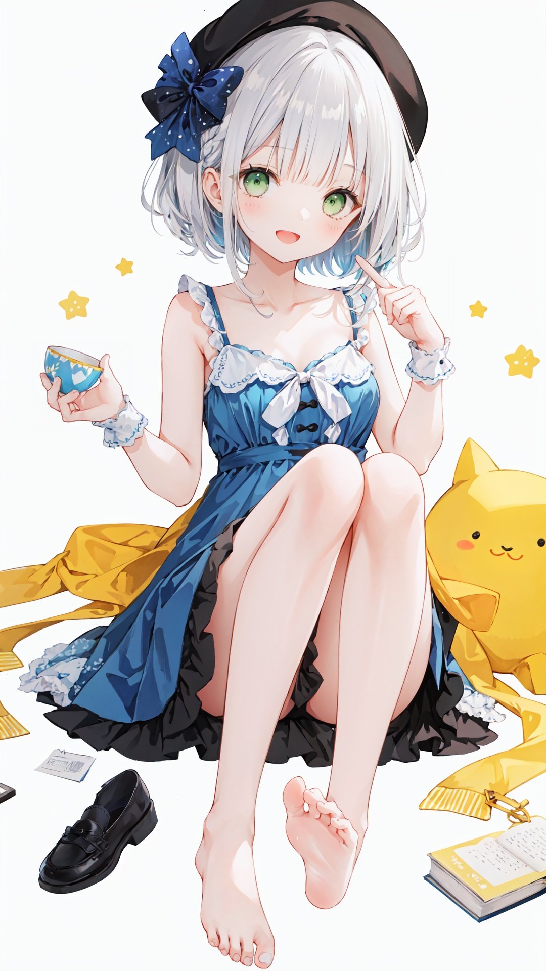 1girl, cup, solo,  hat, in cup, braid, white hair, open mouth, feet, looking at viewer, toes, dress, smile, wrist cuffs, teacup, barefoot, shoes, bangs, soles, black headwear, in container, beret, white background, collarbone, :d, bare legs, green eyes, sitting, shoes removed, short hair, sleeveless, full body, single shoe, blue dress, blunt bangs, bare shoulders, breasts, ribbon, simple background