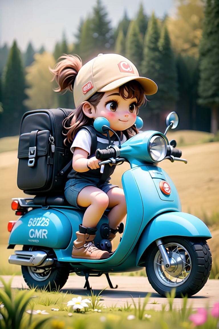 Pixar style,MG ip,1girl,ground vehicle,motor vehicle,outdoors,shorts,brown hair,brown eyes,scooter,solo,child,bag,hat,long hair,short sleeves,shirt,flower,backpack,depth of field,blurry background,sitting,grass,smile,shoes,day,boots,closed mouth,cross-laced footwear,tree,helmet,blue shorts,