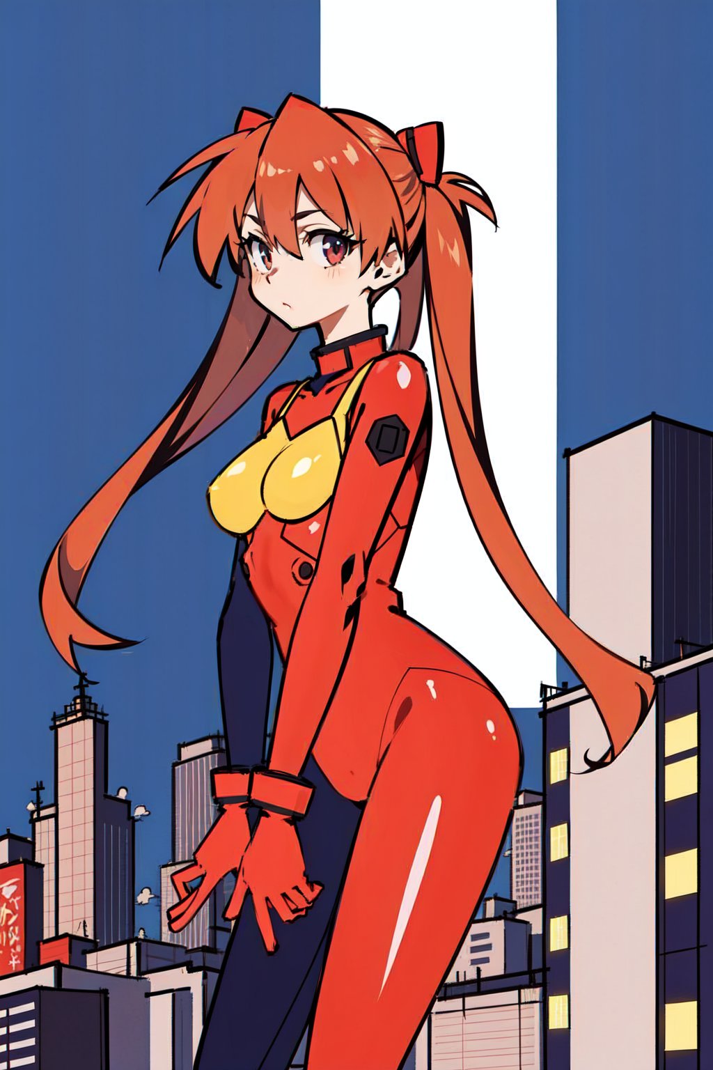 1girl, asuka_langley_souryuu, plugsuit, bodysuit, tokyo background, city background, 