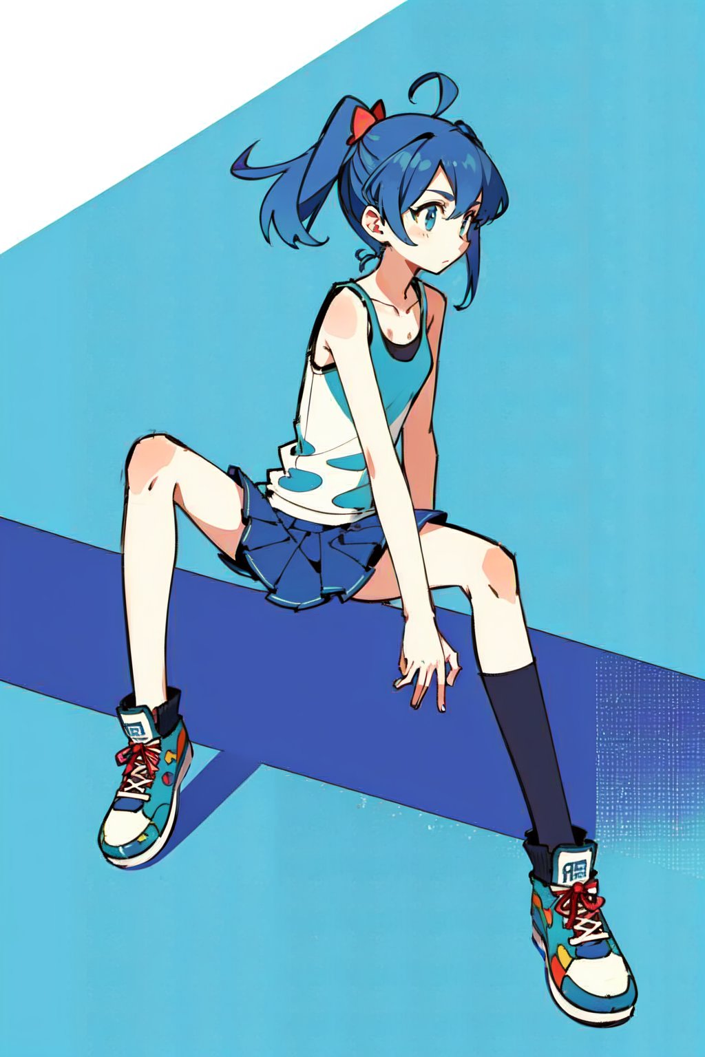 1girl, medium blue hair, tank top, skirt, snikers, skate park backgrund, park in background