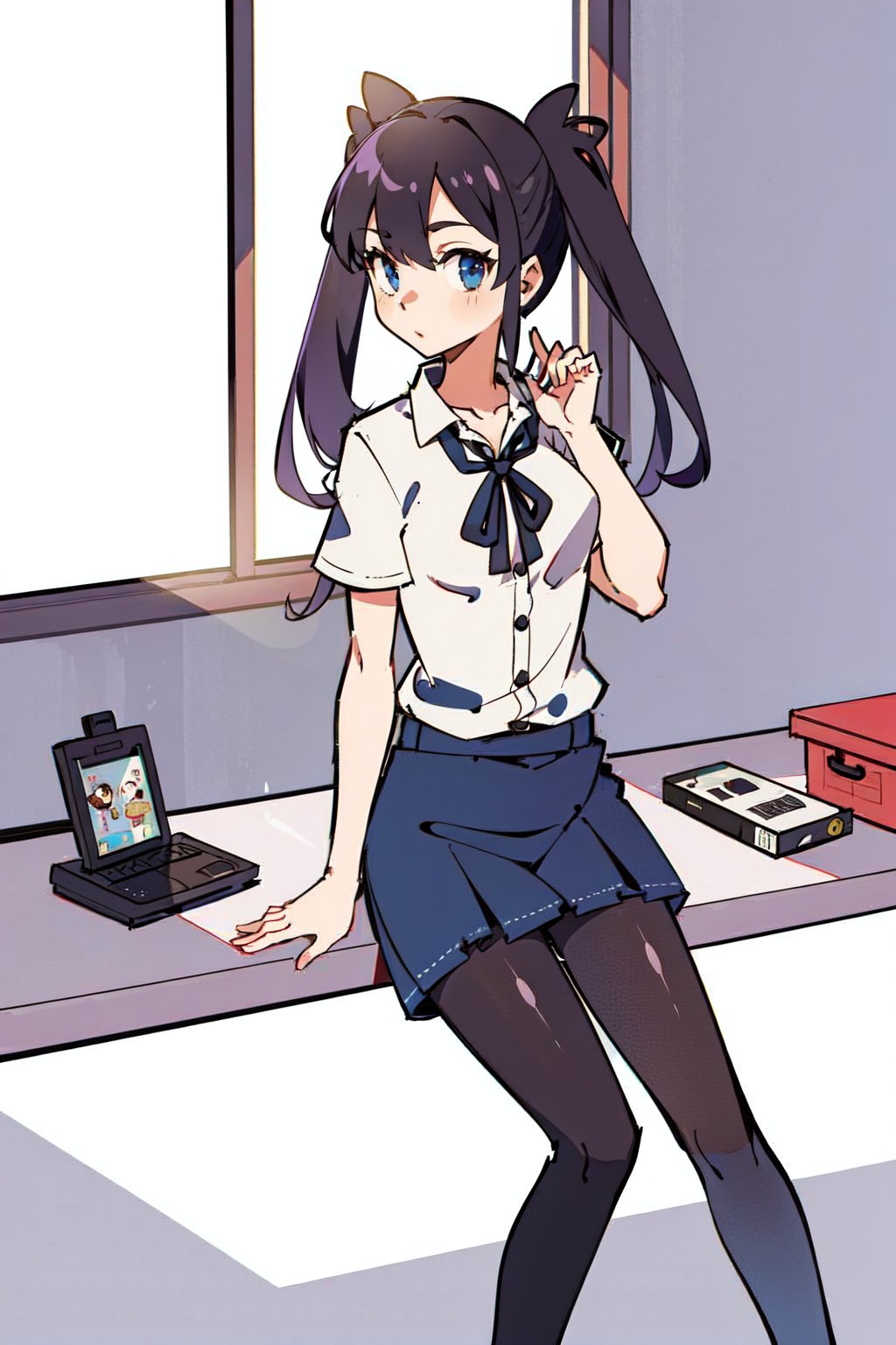 1girl, office, stockings, cofee, office uniform, window, black hair, 