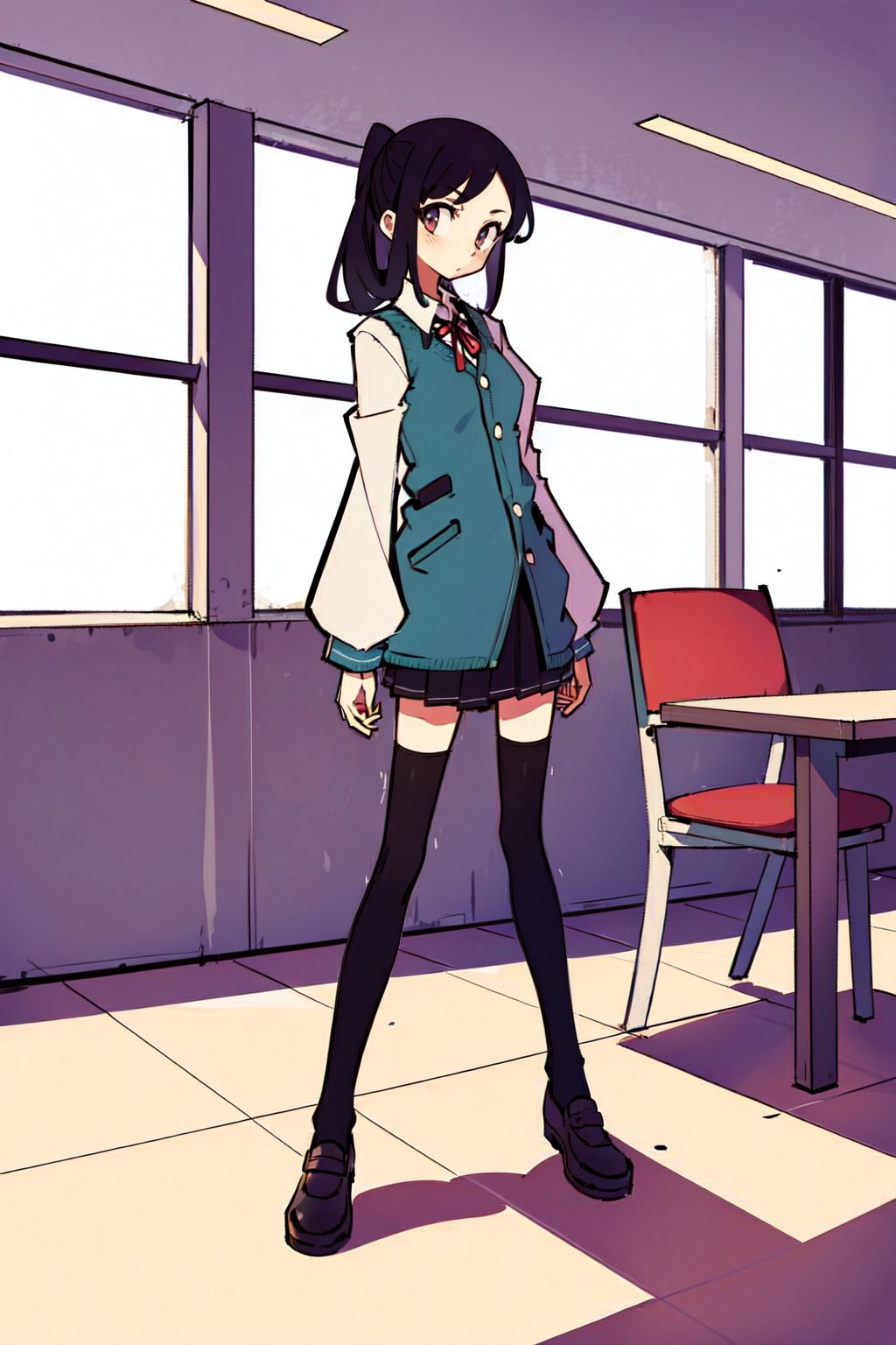 1girl, office, stockings, cofee, office uniform, window, black hair, standing, falling,