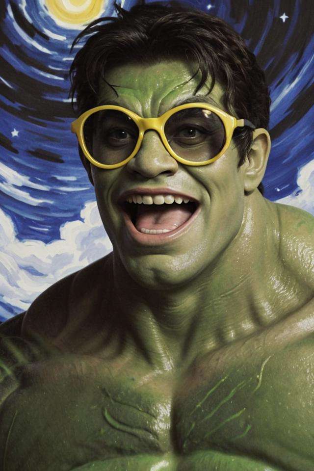 (yellow-glasses:1.2),a photo of a (( very blurry hulk)) in sunglasses,grin,starry night,<lora:Meganekko:0.9:lbw=OUTD>,