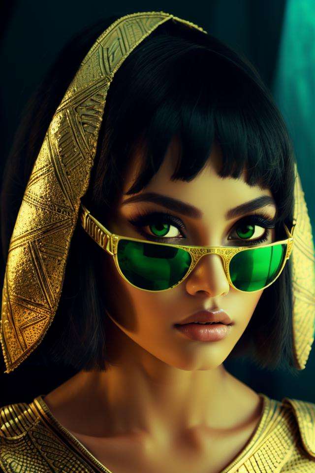 green-glasses,realism,upper body,solo,(a cute girl:1.1),(egyptian, short hair, black cleopatra bob hair, mistery shining eyes:1.2),(25 years old:1.3),egyptian god,(pharaoh:0.7),epic pyramid background,soothing tones,insane details,intricate details,hyperdetailed,<lora:Meganekko:0.9>,