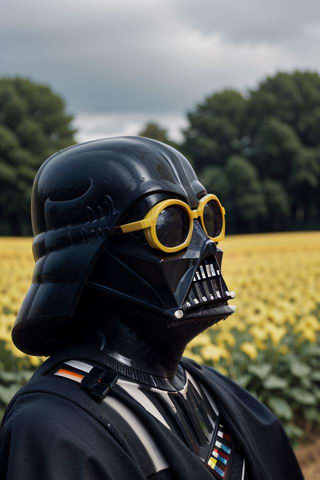 (yellow-glasses:1.2),a photo of a close up shot of a (((Darthvader wear a glasses))),farm field backdrop,<lora:Meganekko:0.9:lbw=OUTD>,