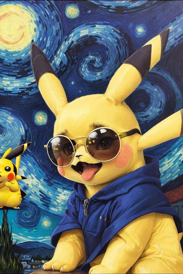 (yellow-glasses),(pikachu:1.2),closeup,starry night backdrop heavy brush strokes,by van Gogh,<lora:Meganekko:0.9:lbw=OUTD>,