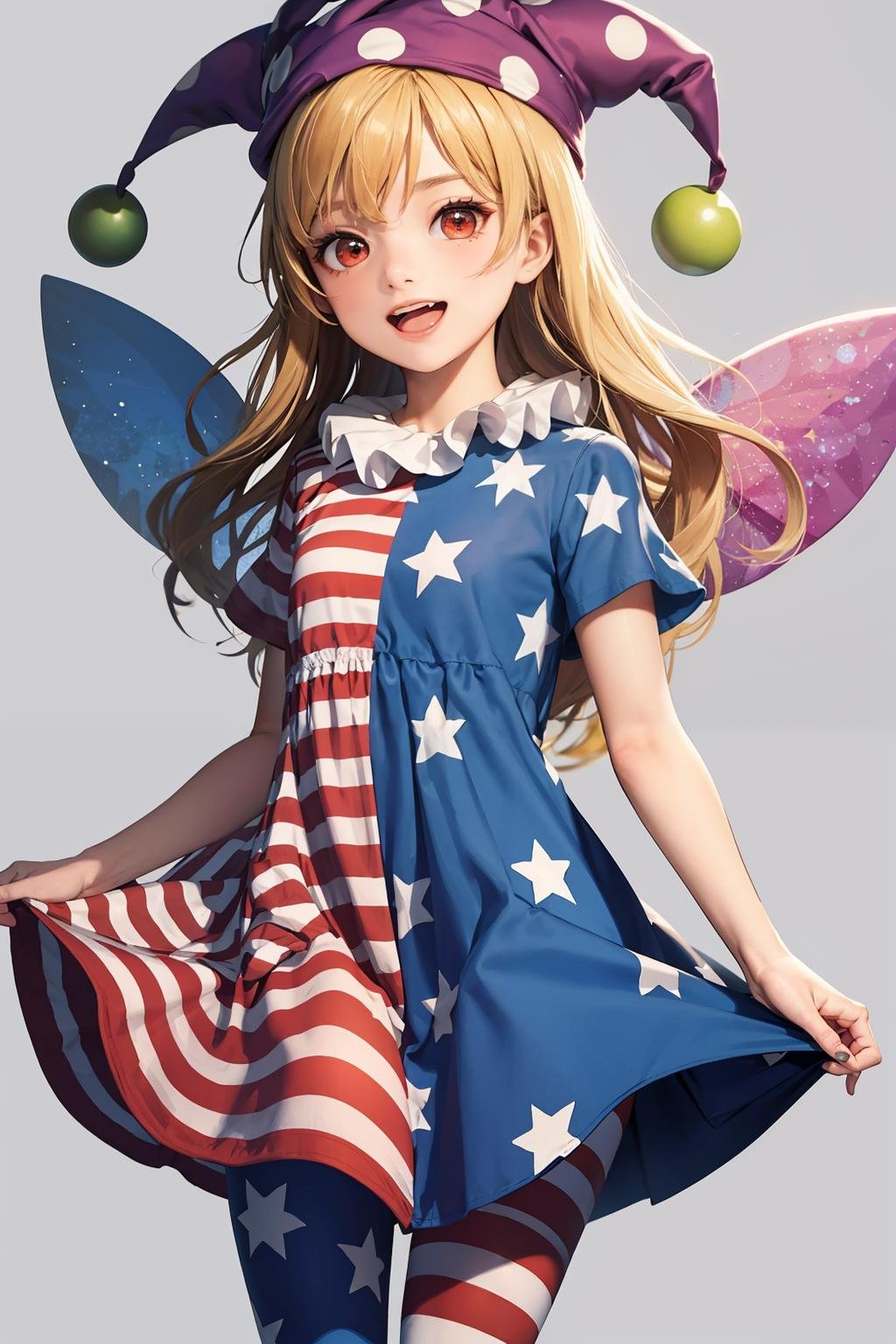 masterpiece, best quality,  <lora:Clownpiece:1>,1girl,jester cap. polka dot,long hair,blonde hair, red eyes,neck ruff,  striped dress,star (symbol),star print,short sleeves,  pantyhose, american flag dress,short dress,  fairy wings,grey background, open mouth, smile, 