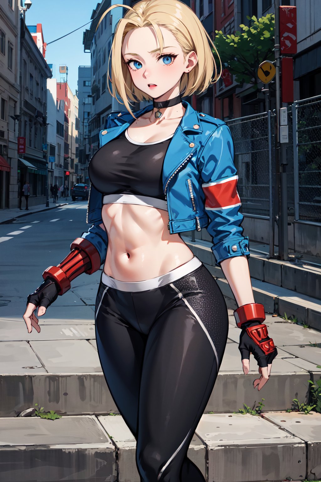 masterpiece, best quality, highres, 1girl, cammy white, short hair, antenna hair, blue eyes, scar on cheek, large breasts, black choker, collarbone, blue jacket, cropped jacket, open jacket, sports bra, midriff, fingerless gloves, black gloves, black pants, <lora:cammy_white_v1:0.7>, standing, cowboy shot, stair, outdoors, 