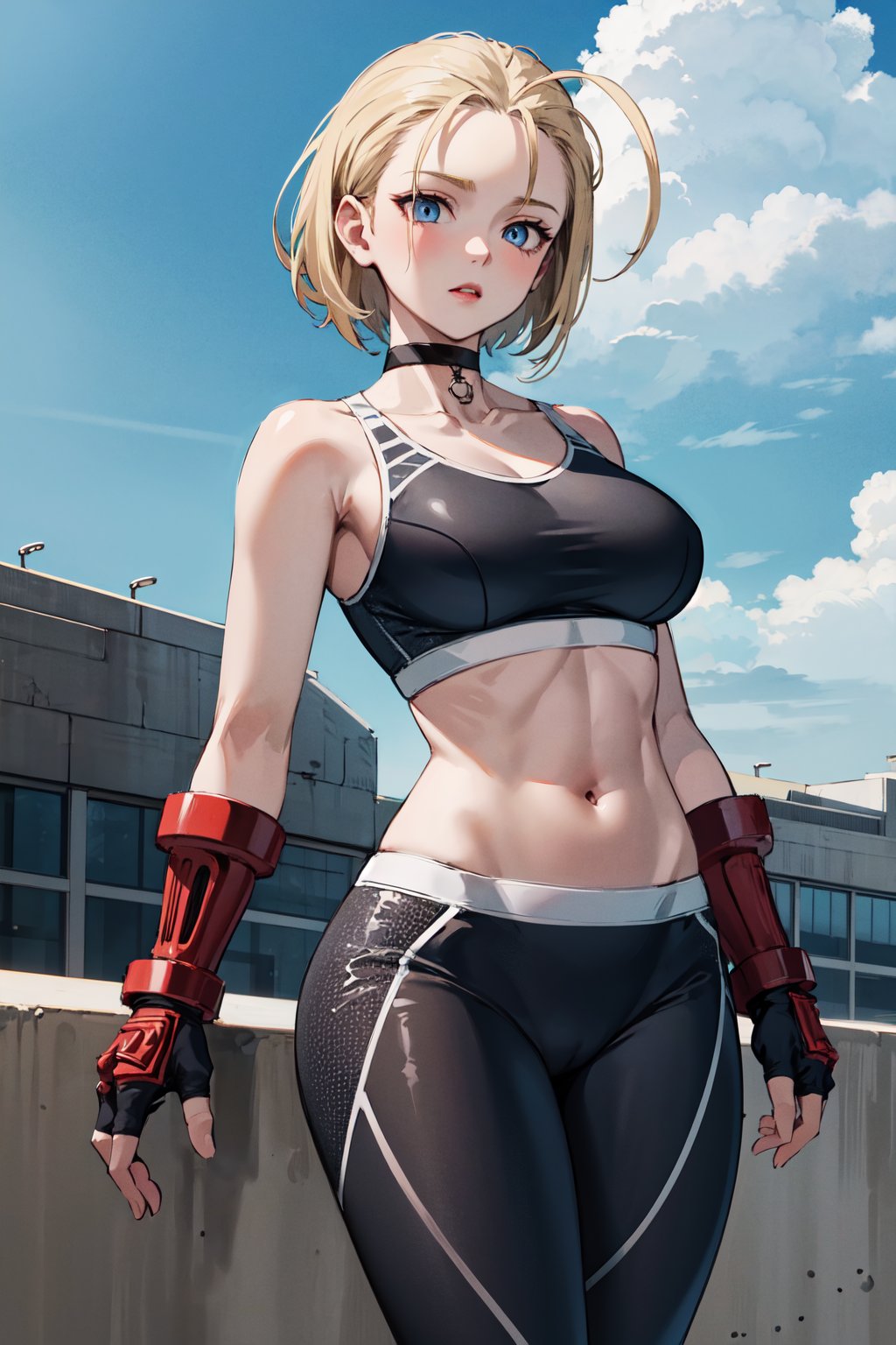 masterpiece, best quality, highres, 1girl, cammy white, short hair, antenna hair, blue eyes, scar on cheek, large breasts, black choker, collarbone, sports bra, midriff, fingerless gloves, black gloves, black pants, <lora:cammy_white_v1:0.7>, standing, cowboy shot, outdoors, arms at sides, straight-on,