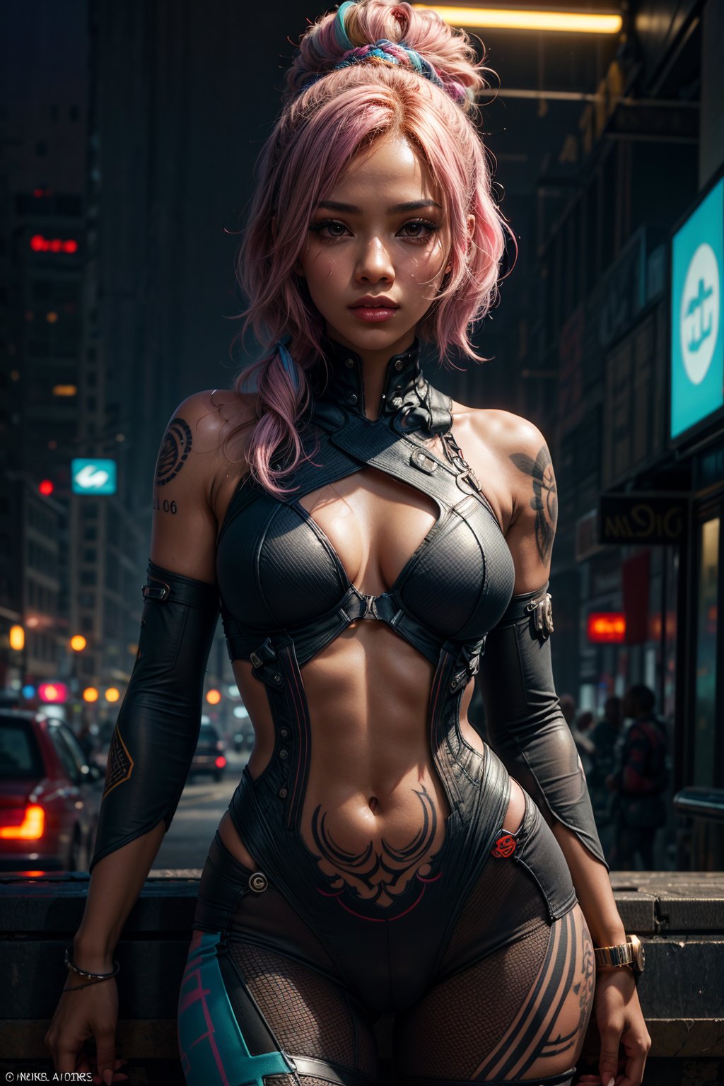 (1girl:1.2, body covered in words, words on body:1.1, (african woman), tattoos of (words) on body:1.2), (masterpiece:1.4, best quality), medium breasts, unity 8k wallpaper, ultra detailed, (pastel colors:1.3), bodysuit, cyberpunk, alluring pose, upper body, beautiful and aesthetic, see-through (clothes), detailed, solo <lora:epi_noiseoffset2:1.3> <lora:Bodysuit v13:0.4> <lora:more_details:1> <lora:Elixir:0.7>