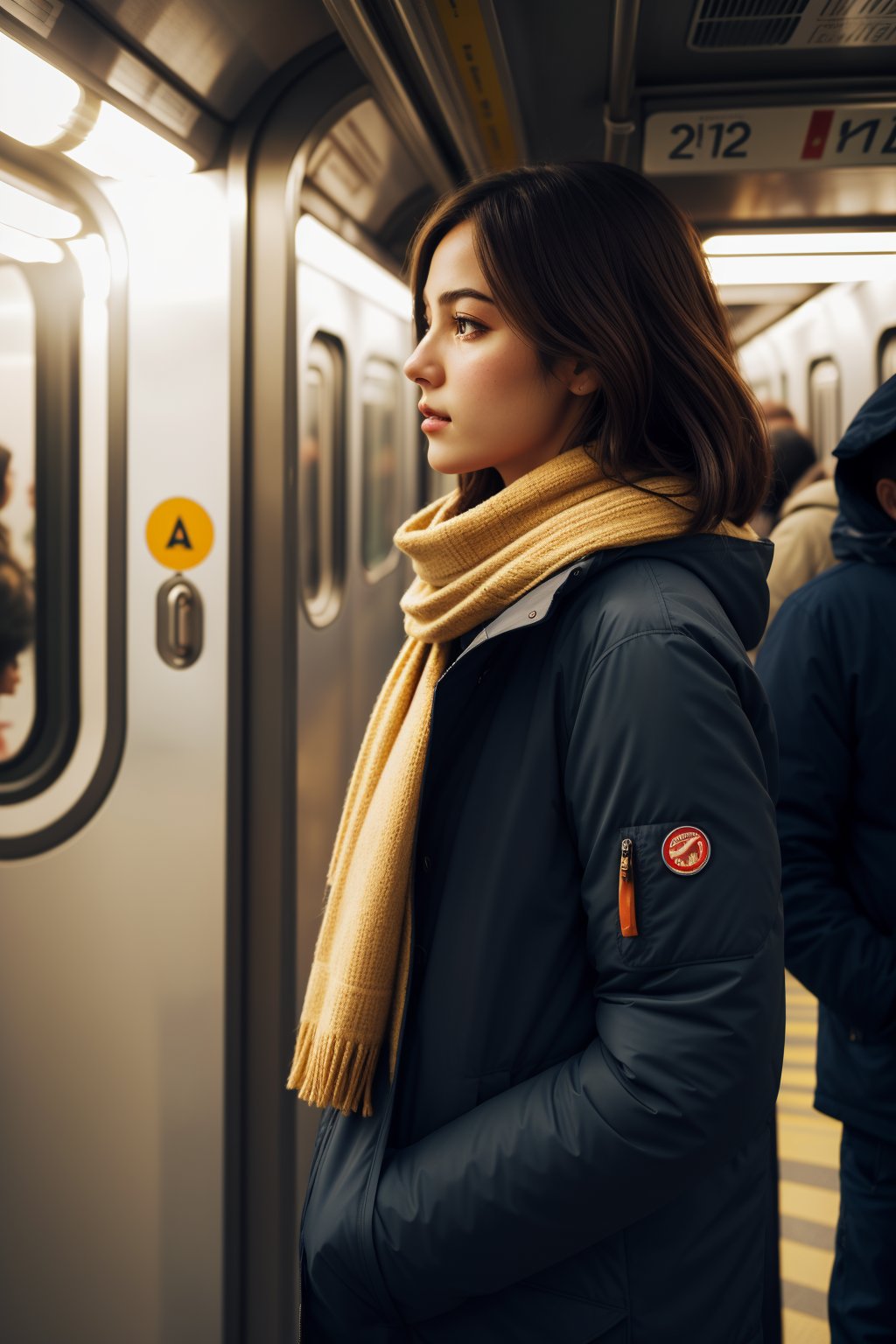 (best quality, masterpiece) photorealistic,lifelike rendering,1girl,chestnut,cowboy shot,side view,evening,night shot,a girl inside a subway station,subway train passing behind her,motion blur,film grain:1.2,winter jacket,scarf,Radiant Comfort, Golden Hour, Cozy Ambiance