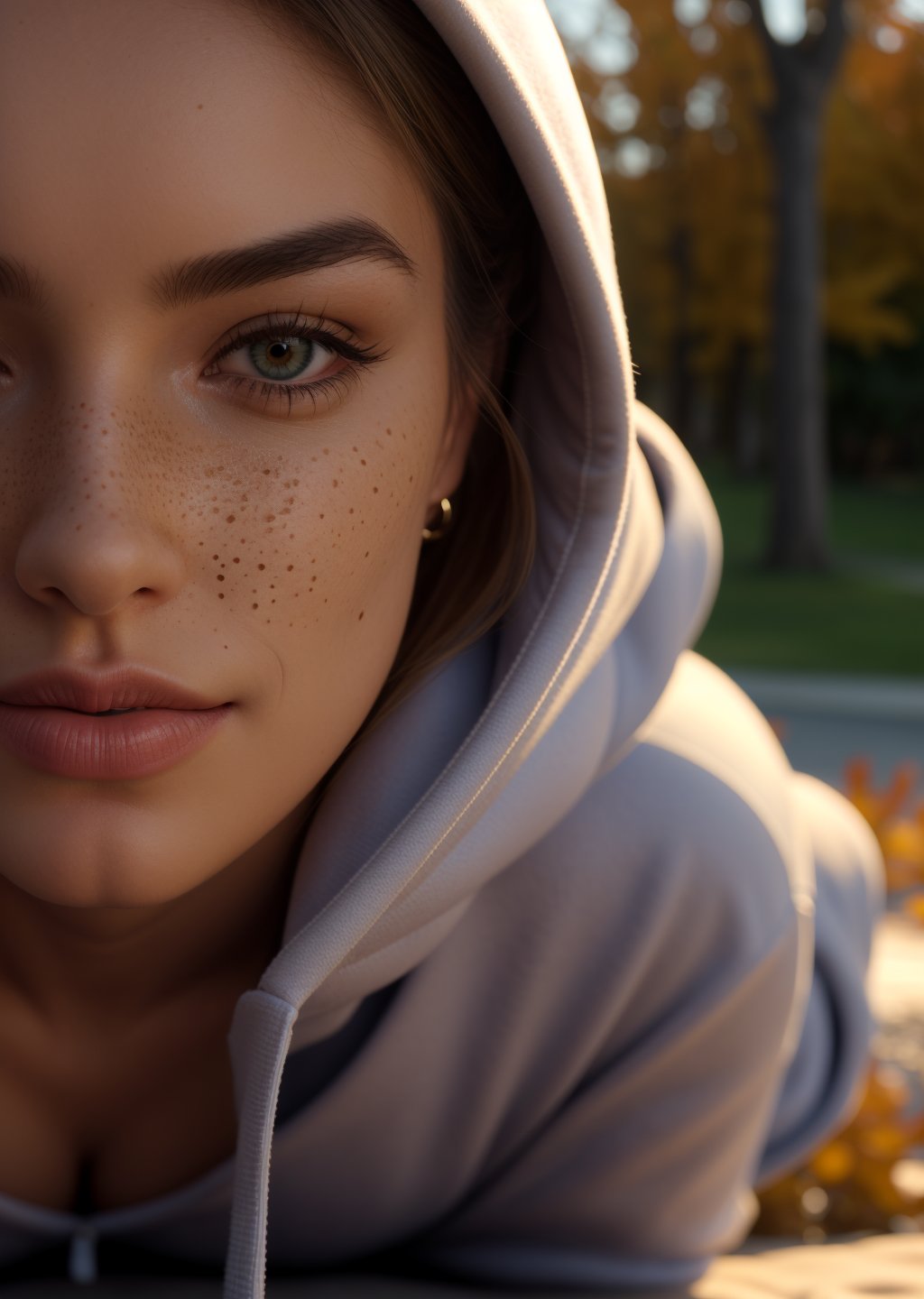 (masterpiece, best quality, hires, high resolution:1.2), (extremely detailed, realistic, intricate details, highres), 1girl, solo, blonde hair, Greek Goddess Updo, dark eyes, freckles, light smile, wearing hoodie with yoga pants, (small breasts, thick thighs, wide hips), lying face down, on stomach, head toward the camera, autumn, (cinematic lighting, volumetric, evening), looking at viewer, facing viewer, (extreme close-up-shot:1.2),