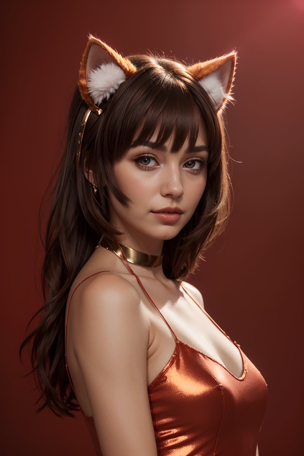 1girl, cat ears, fluff, simple background, (red theme), (gold:0.9), (masterpiece, highest quality:1.18), cg, 8k, extreme quality, stylebuff