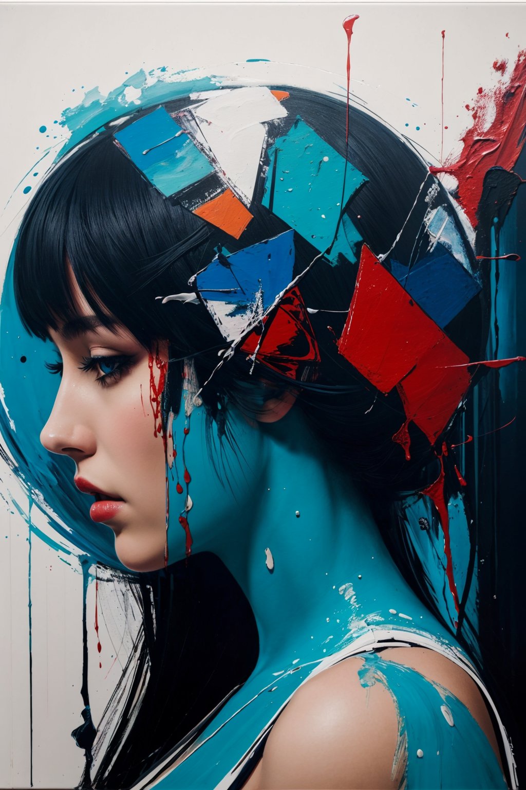 masterpiece, best quality, ultra high res, 1girl, (abstract art:1.4), bleeding blue, blue theme, visually stunning, beautiful, evocative, emotional, side view