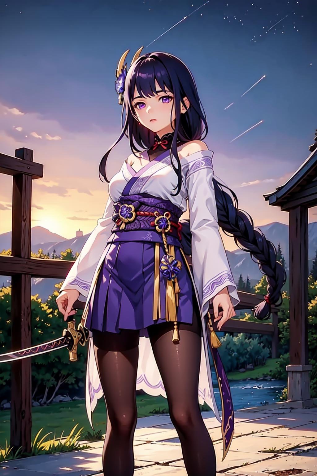 masterpiece, shogun, 1girl, solo, long hair, looking at viewer, black hair, hair ornament, long sleeves, holding, medium breasts, very long hair, standing, purple eyes, full body, weapon, purple hair, braid, flower, pantyhose, outdoors, parted lips, japanese clothes, sky, sword, wide sleeves, kimono, holding weapon, mole, black pantyhose, sash, mole under eye, night, holding sword, obi, katana, tassel, star (sky), night sky, bridal gauntlets, thighband pantyhose,  <lora:shogun-01:0.8>