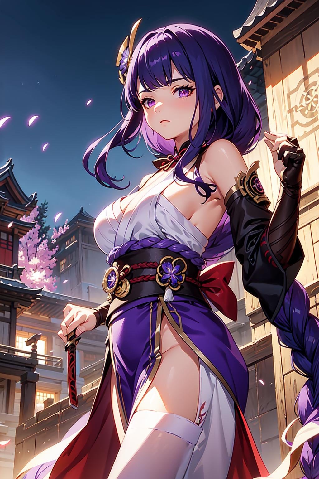 Masterpiece, shogun, 1girl, solo, long hair, looking at viewer, large breasts, hair ornament, thighhighs, long sleeves, holding, very long hair, purple eyes, weapon, purple hair, braid, flower, japanese clothes, sword, hair flower, wide sleeves, kimono, holding weapon, mole, from side, sash, mole under eye, sideboob, holding sword, obi, katana, bridal gauntlets, braided ponytail, purple flower, vision (genshin impact), electricity, purple kimono, tomoe (symbol), mitsudomoe (shape), drawing sword, human scabbard, musou isshin (genshin impact),  <lora:shogun-01:0.8>