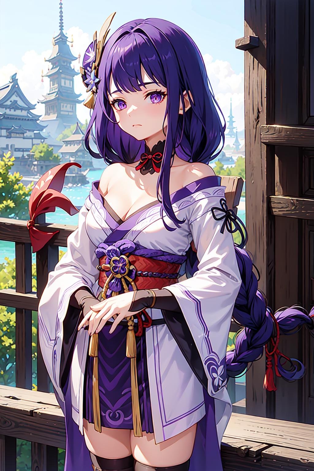 shogun, 1girl, solo, long hair, looking at viewer, hair ornament, thighhighs, long sleeves, ribbon, holding, cleavage, closed mouth, purple eyes, weapon, purple hair, braid, flower, japanese clothes, sword, wide sleeves, kimono, holding weapon, armor, mole, blurry, sash, mole under eye, holding sword, obi, shoulder armor, tassel, bridal gauntlets, stairs, purple flower, vision (genshin impact), obijime, tomoe (symbol), obiage, mitsudomoe (shape),  <lora:shogun-01:0.8>