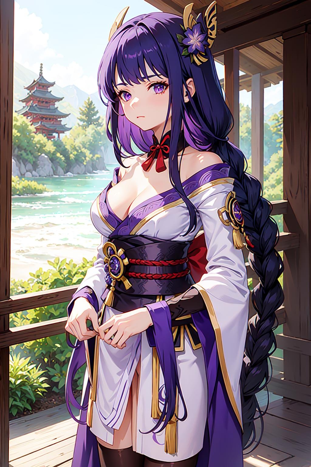 shogun, 1girl, solo, long hair, looking at viewer, hair ornament, thighhighs, long sleeves, ribbon, holding, cleavage, closed mouth, purple eyes, weapon, purple hair, braid, flower, japanese clothes, sword, wide sleeves, kimono, holding weapon, armor, mole, blurry, sash, mole under eye, holding sword, obi, shoulder armor, tassel, bridal gauntlets, stairs, purple flower, vision (genshin impact), obijime, tomoe (symbol), obiage, mitsudomoe (shape),  <lora:shogun-01:0.8>