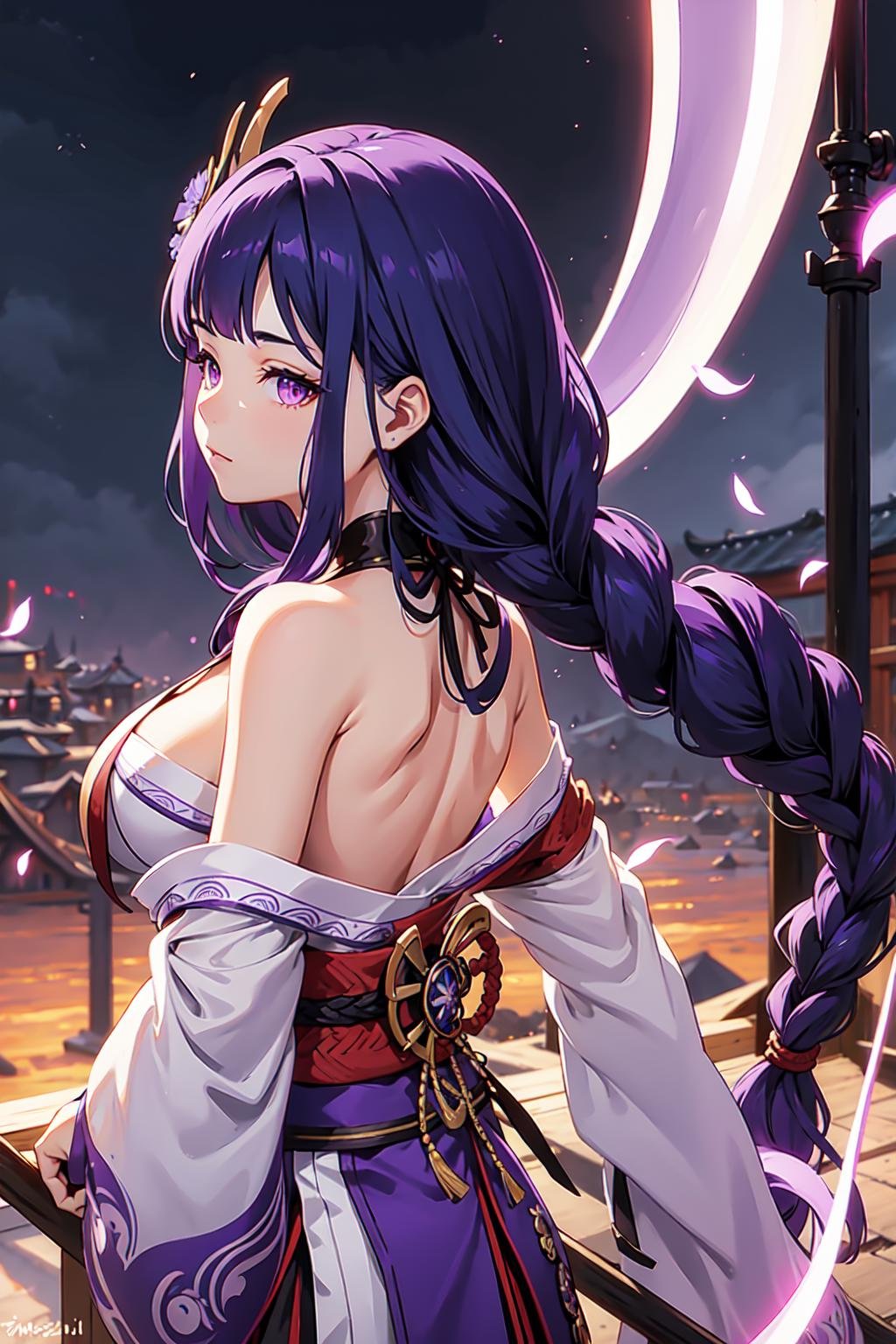 Masterpiece, shogun, 1girl, solo, long hair, looking at viewer, large breasts, hair ornament, thighhighs, long sleeves, holding, very long hair, purple eyes, weapon, purple hair, braid, flower, japanese clothes, sword, hair flower, wide sleeves, kimono, holding weapon, mole, from side, sash, mole under eye, sideboob, holding sword, obi, katana, bridal gauntlets, braided ponytail, purple flower, vision (genshin impact), electricity, purple kimono, tomoe (symbol), mitsudomoe (shape), drawing sword, human scabbard, musou isshin (genshin impact),  <lora:shogun-01:0.8>