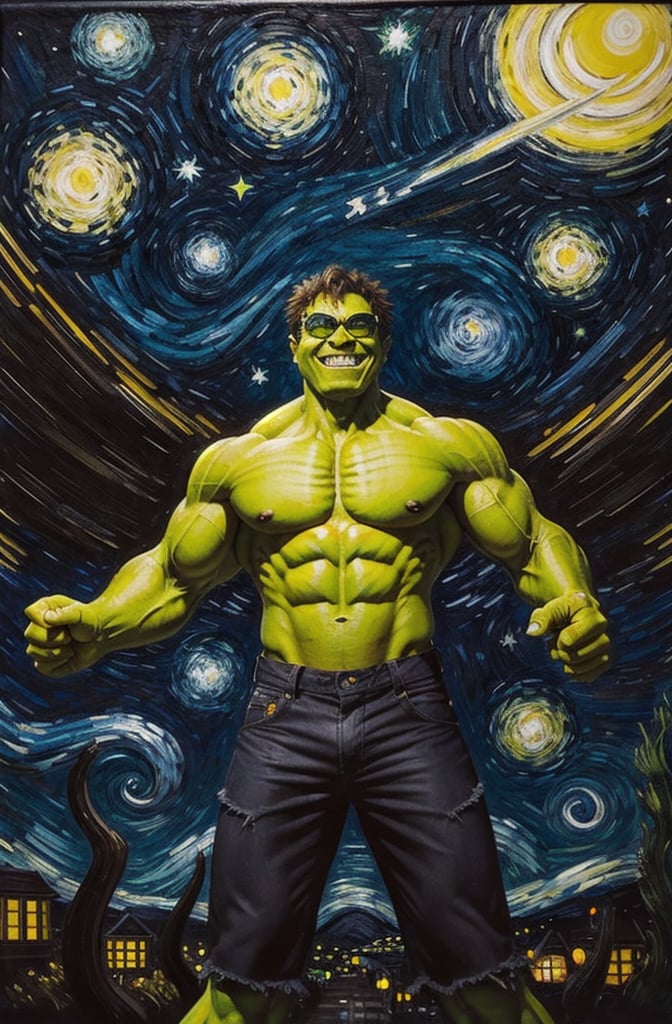 (yellow-glasses:1.2),a photo of a (( very blurry hulk)) in sunglasses,grin,starry night,
