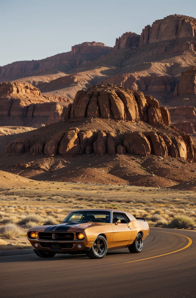 dramatic photo of a us muscle car, arozona landscape, golden hour
