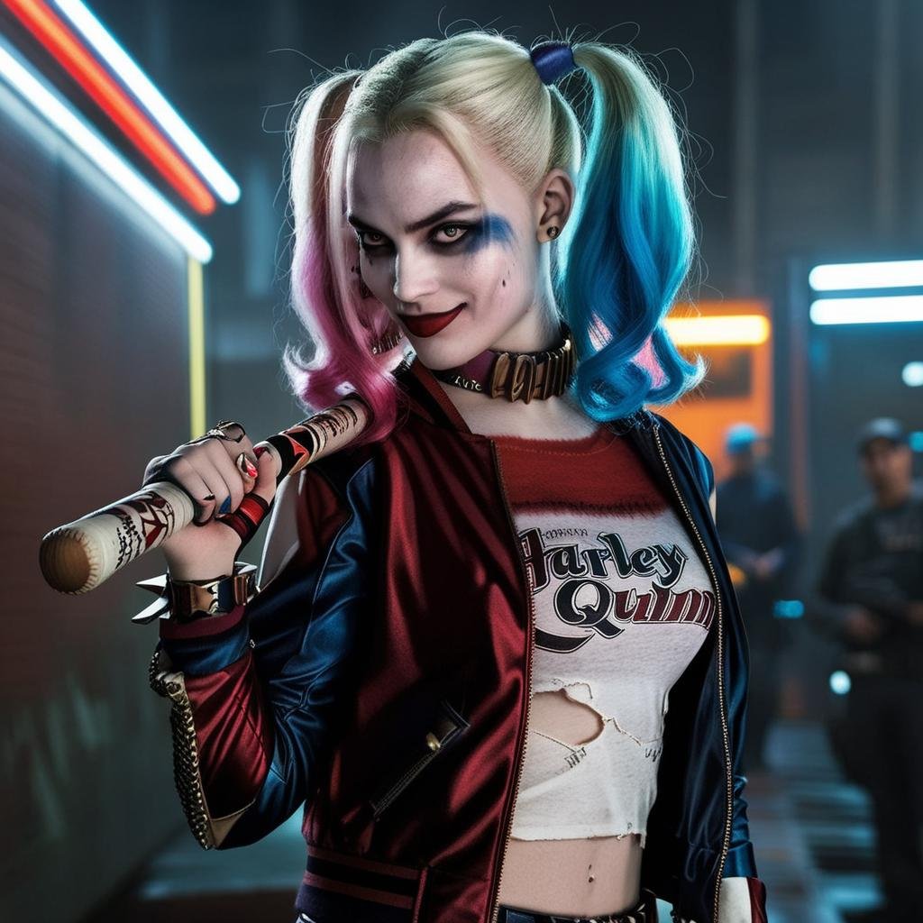 HarleyQuinn1024, full body, baseball bat, cyberpunk background, detailed eyes, photography, highly detailed, sharp focus, trending on artstation, studio photo, intricate details, highly detailed, by greg rutkowski  <lora:HarleyQuinn1024:0.8>