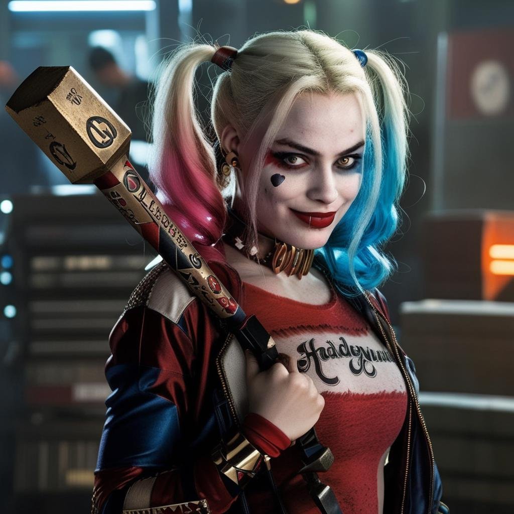 HarleyQuinn1024, full body, giant hammer, detailed eyes, photography, highly detailed, sharp focus, trending on artstation, studio photo, intricate details, highly detailed, by greg rutkowski  <lora:HarleyQuinn1024:0.9>