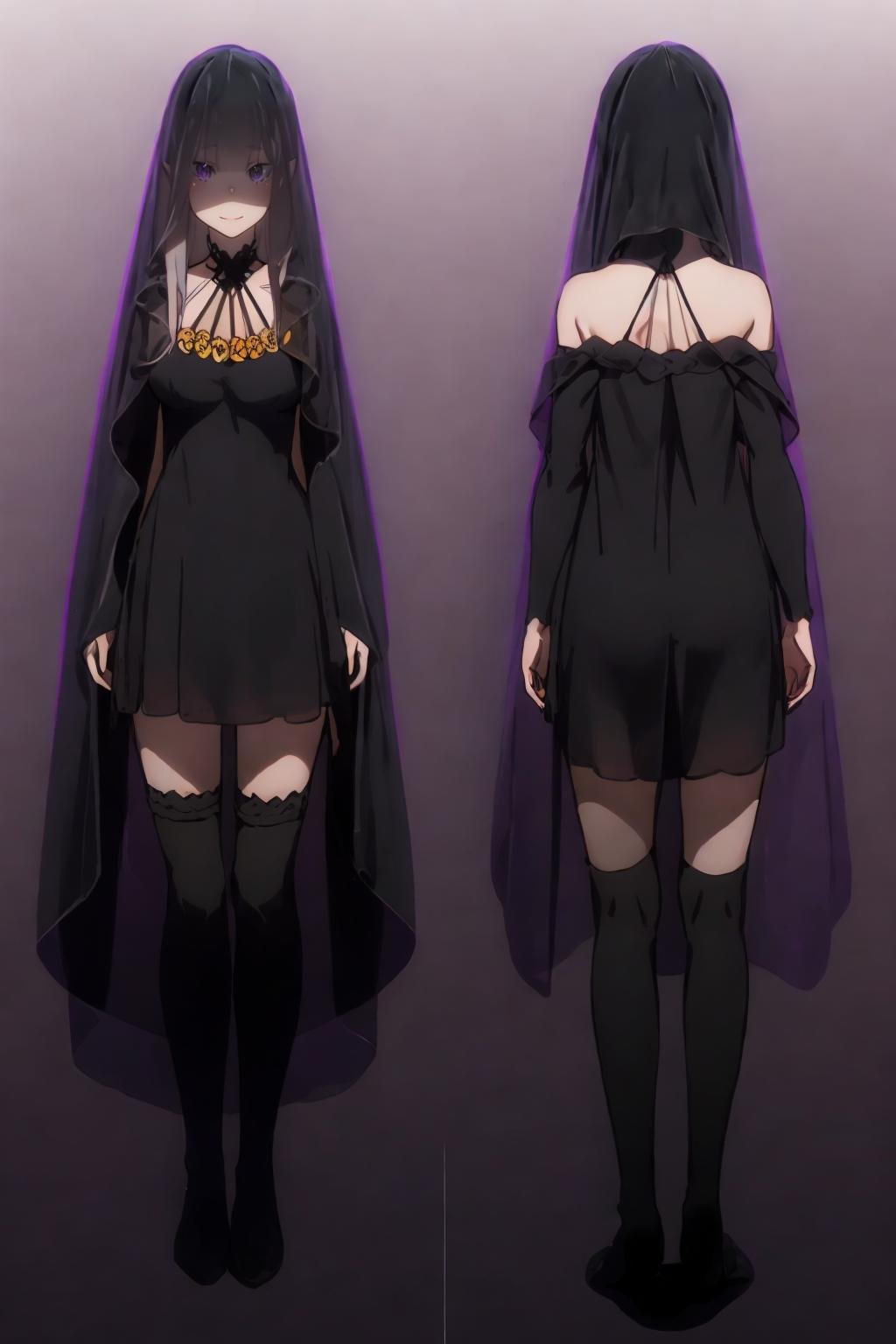 (multiple views:1.5),from behind,from_front,light smile,(grey background:1.2),(full body:1.4),arms at sides,爱蜜莉雅,emilia (re:zero),pointy ears,grey hair,white hair,very long hair,blunt bangs,purple eyes,<lora:爱蜜莉雅1V:0.8>,<lora:add_detail:0.4>,<lora:colorful_V1_lbw:0.3>,head ornament,hood down,sidelocks,very long hair套装八,black dress,dark aura,yellow flower,black thighhighs,black cloak,veil,black halterneck,detached sleeves,criss-cross halter,collarbone, Exquisite visuals, high-definition,masterpiece,best quality,, Exquisite visuals,high-definition,masterpiece,best quality,18yo,Young female,Beautiful Fingers,Beautiful long legs,Beautiful body,Beautiful character design,white panties,