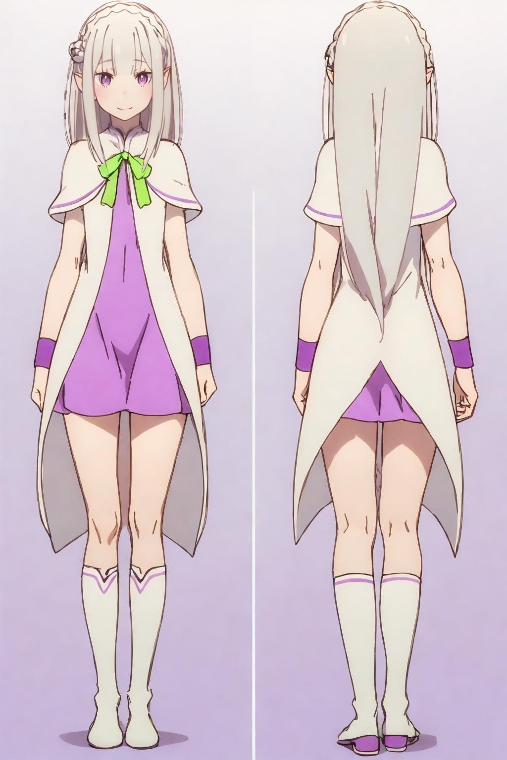 (multiple views:1.5),from behind,from_front,light smile,(grey background:1.2),(full body:1.4),arms at sides,爱蜜莉雅,emilia (re:zero),pointy ears,grey hair,white hair,very long hair,blunt bangs,purple eyes,<lora:爱蜜莉雅1V:0.8>,<lora:add_detail:0.4>,<lora:colorful_V1_lbw:0.3>,crown braid,sidelocks,very long hair,x hair ornament,套装十,green bow,purple dress,white capelet,white coat,purple wristband,white boots,, Exquisite visuals, high-definition,masterpiece,best quality,, Exquisite visuals,high-definition,masterpiece,best quality,18yo,Young female,Beautiful Fingers,Beautiful long legs,Beautiful body,Beautiful character design,white panties,