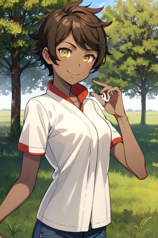 masterpiece, best quality, solo, 1girl, smile, short hair, brown hair, yellow eyes, dark skin, black shirt, short sleeves, jeans, outdoors, park, tree, sunlight, anime coloring <lora:candela_pgo:0.7> 