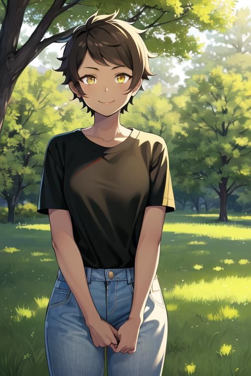 masterpiece, best quality, solo, 1girl, smile, short hair, brown hair, yellow eyes, dark skin, (black shirt:1.2), short sleeves, jeans, outdoors, park, tree, sunlight, anime coloring <lora:candela_pgo:0.7> 