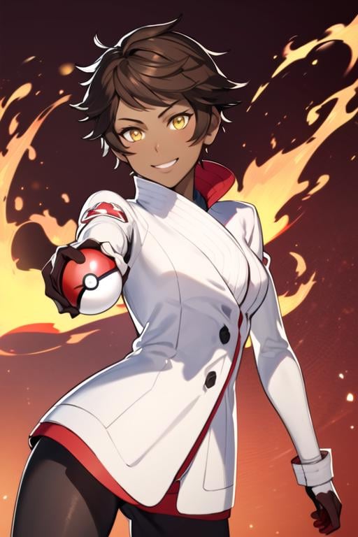 masterpiece, best quality, solo, 1girl, smile, short hair, brown hair, gloves, yellow eyes, pantyhose, dark skin, coat, sunlight, anime coloring <lora:candela_pgo:0.7> red background, fire,  holding poke ball, 3d render