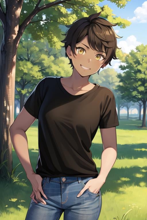 masterpiece, best quality, solo, 1girl, smile, short hair, brown hair, yellow eyes, dark skin, (black shirt:1.2), short sleeves, jeans, outdoors, park, tree, sunlight, anime coloring <lora:candela_pgo:0.7> 