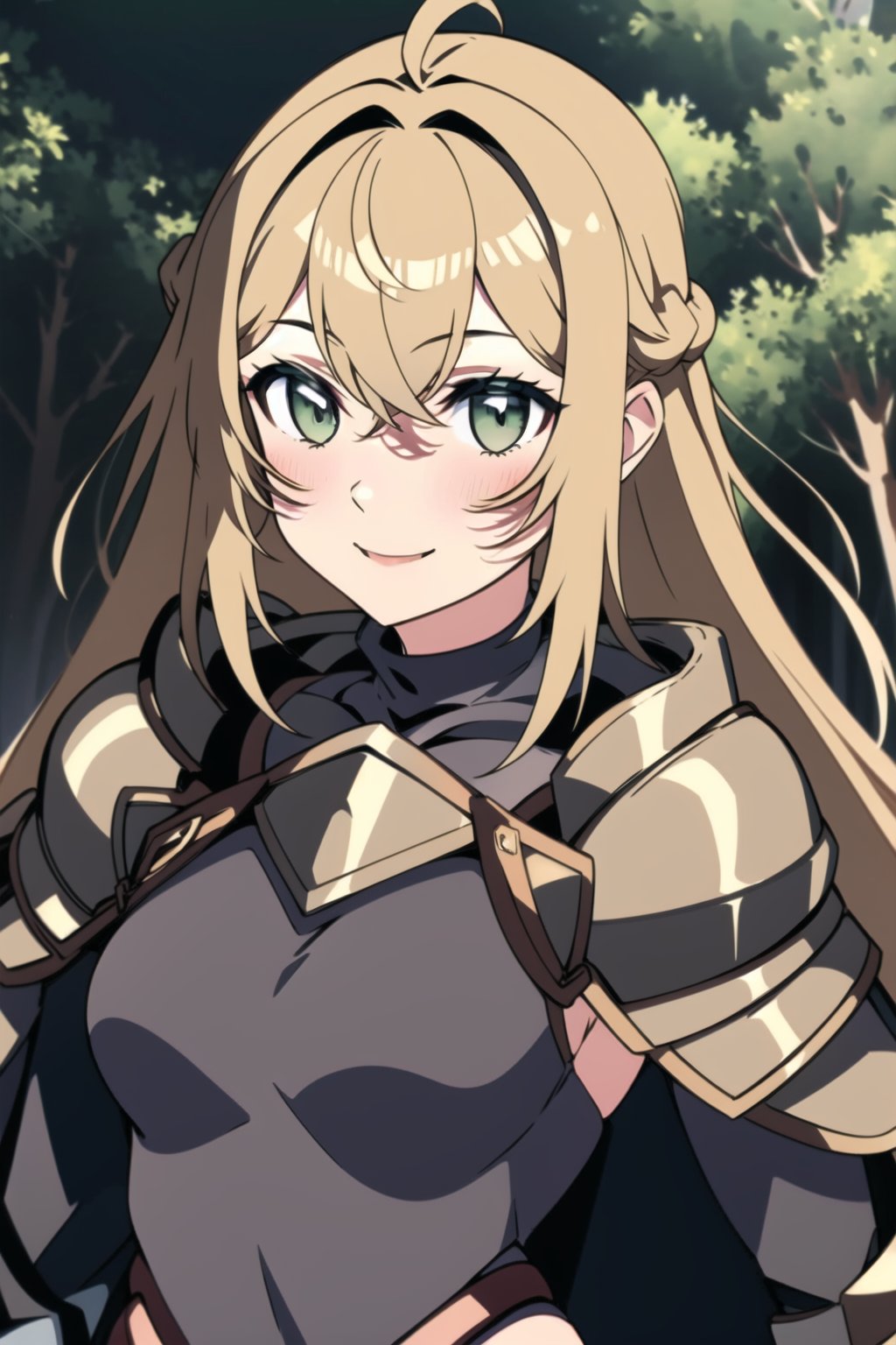 beautiful,  masterpiece,  best quality,  extremely detailed face, masterpiece, 1girl, solo female, looking at viewer, medium breasts, descensored, 1woman, best quality, ultra-detailed, illustration, beautiful detailed eyes, FutureKnightgt, yellow hair, green eyes, armor, smile, blush, full_body, wole body, standing, in a forest, knight