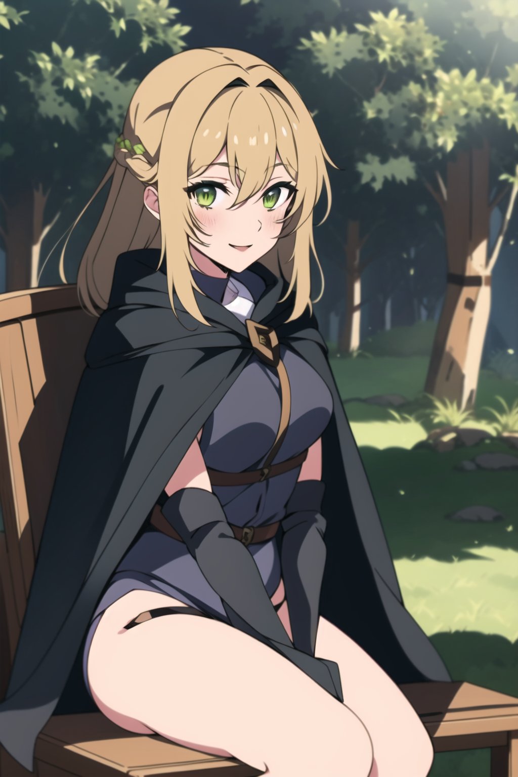 beautiful,  masterpiece,  best quality,  extremely detailed face, masterpiece, 1girl, solo female, looking at viewer, medium breasts, descensored, 1woman, best quality, ultra-detailed, illustration, beautiful detailed eyes, FutureKnightgt, yellow hair, green eyes, black cape, smile, blush, full_body, wole body, sitting, in a forest, 