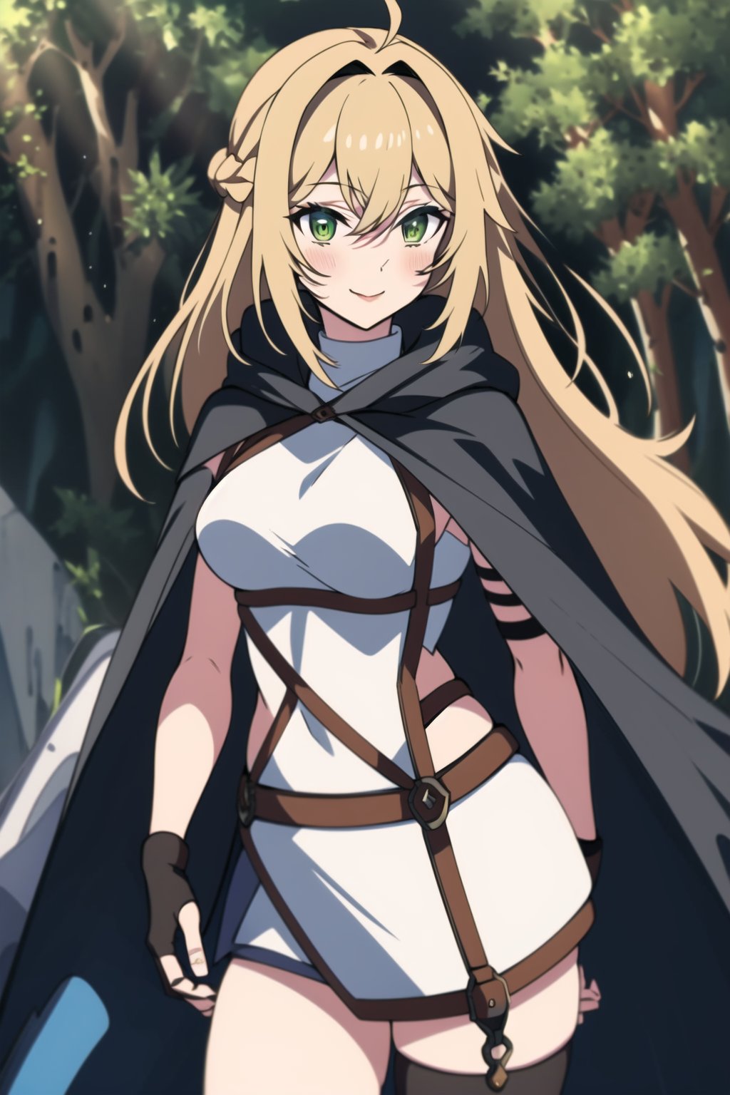 beautiful,  masterpiece,  best quality,  extremely detailed face, masterpiece, 1girl, solo female, looking at viewer, medium breasts, descensored, 1woman, best quality, ultra-detailed, illustration, beautiful detailed eyes, FutureKnightgt, yellow hair, green eyes, black cape, smile, blush, full_body, wole body, standing, in a forest, with a minigun