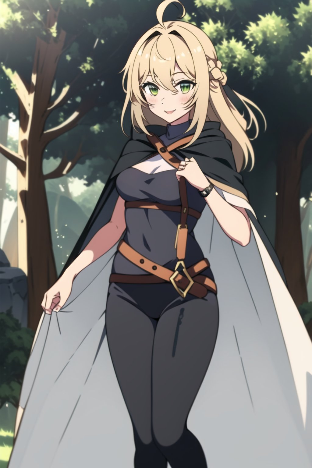 beautiful,  masterpiece,  best quality,  extremely detailed face, masterpiece, 1girl, solo female, looking at viewer, medium breasts, descensored, 1woman, best quality, ultra-detailed, illustration, beautiful detailed eyes, FutureKnightgt, yellow hair, green eyes, black cape, smile, blush, full_body, wole body, standing, in a forest, 