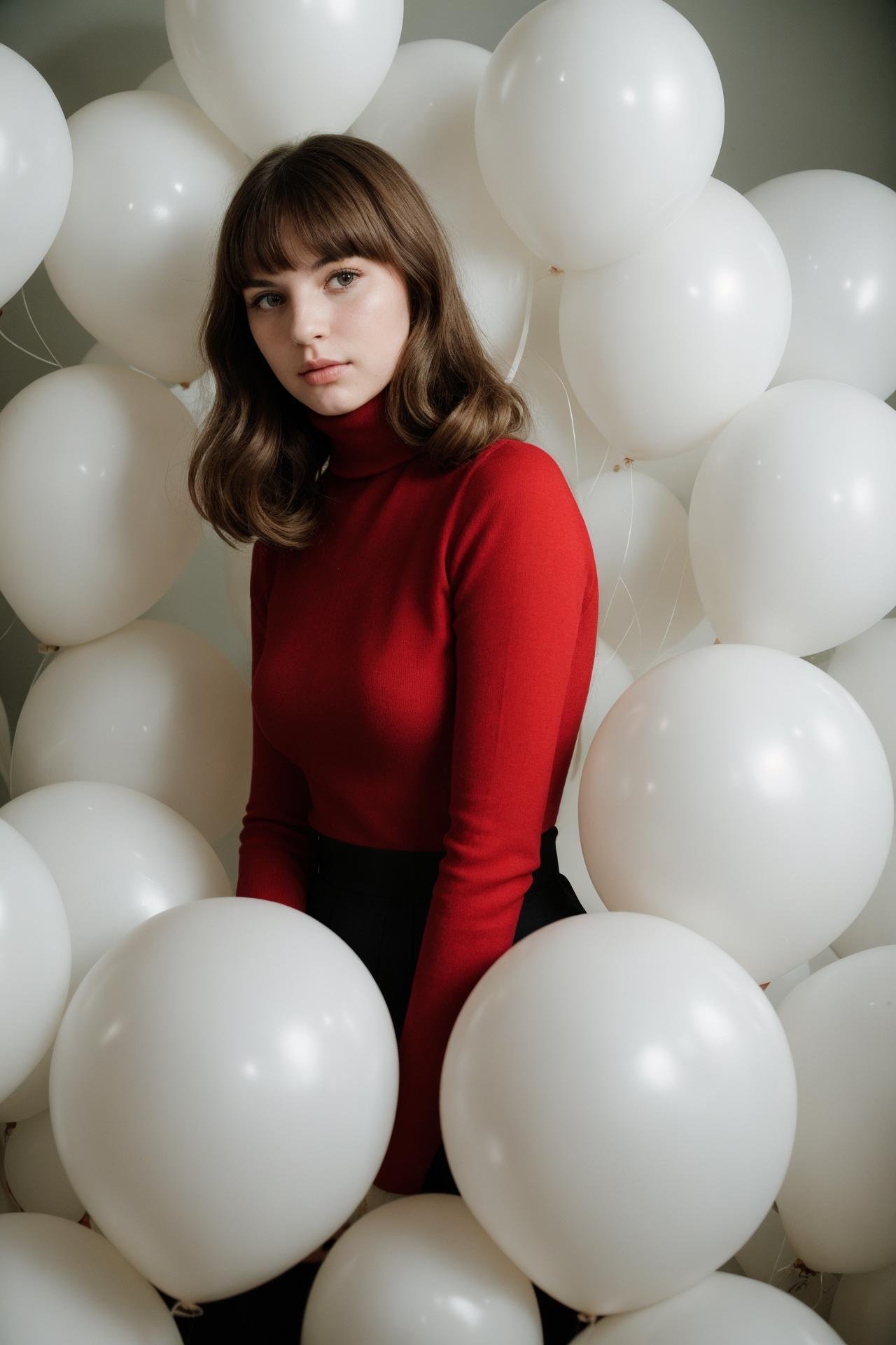 fashion portrait photo of beautiful young woman from the 60s wearing a red turtleneck standing in the middle of a ton of white balloons, taken on a hasselblad medium format camera