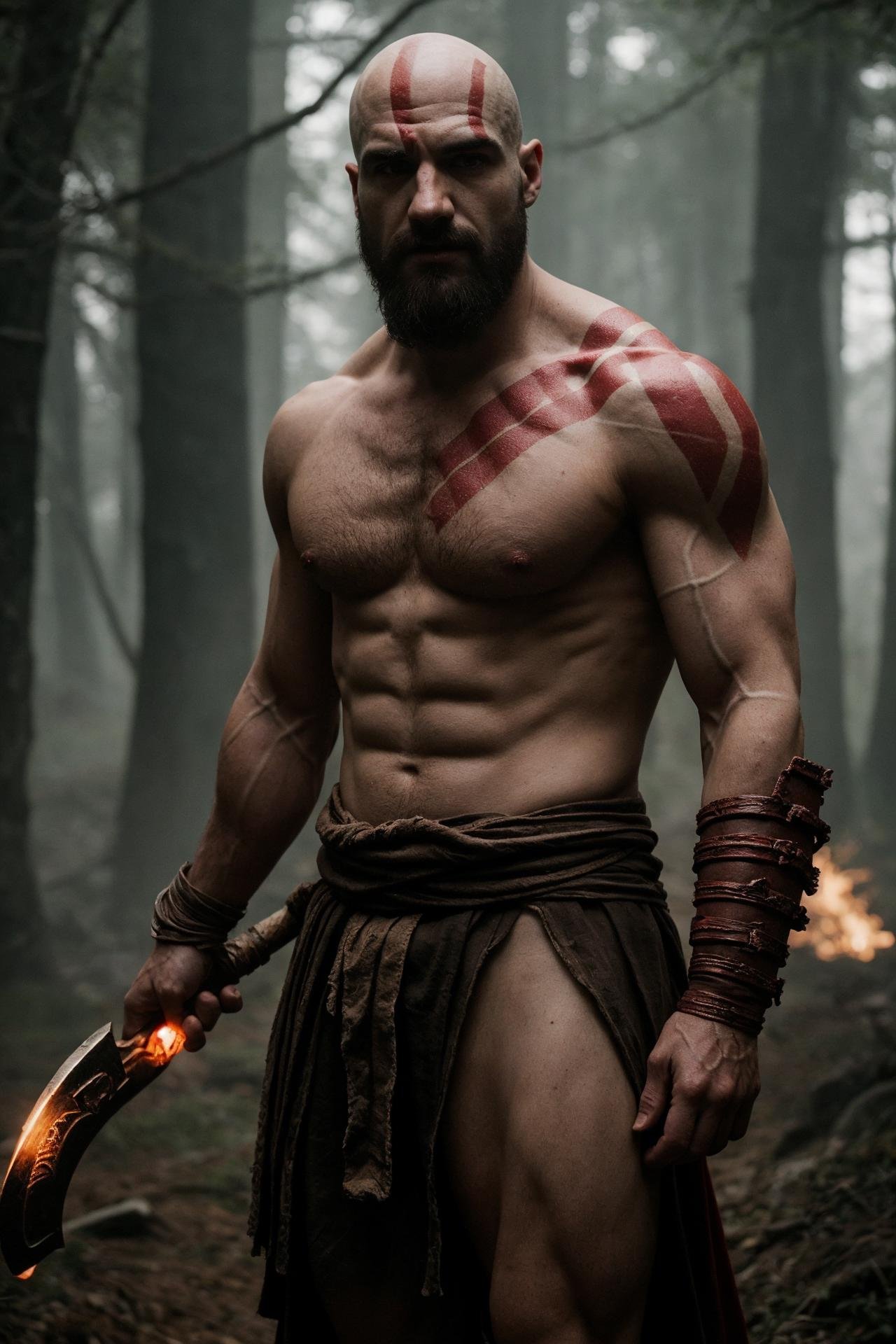cinematic photo of man as Kratos god of war, rim light