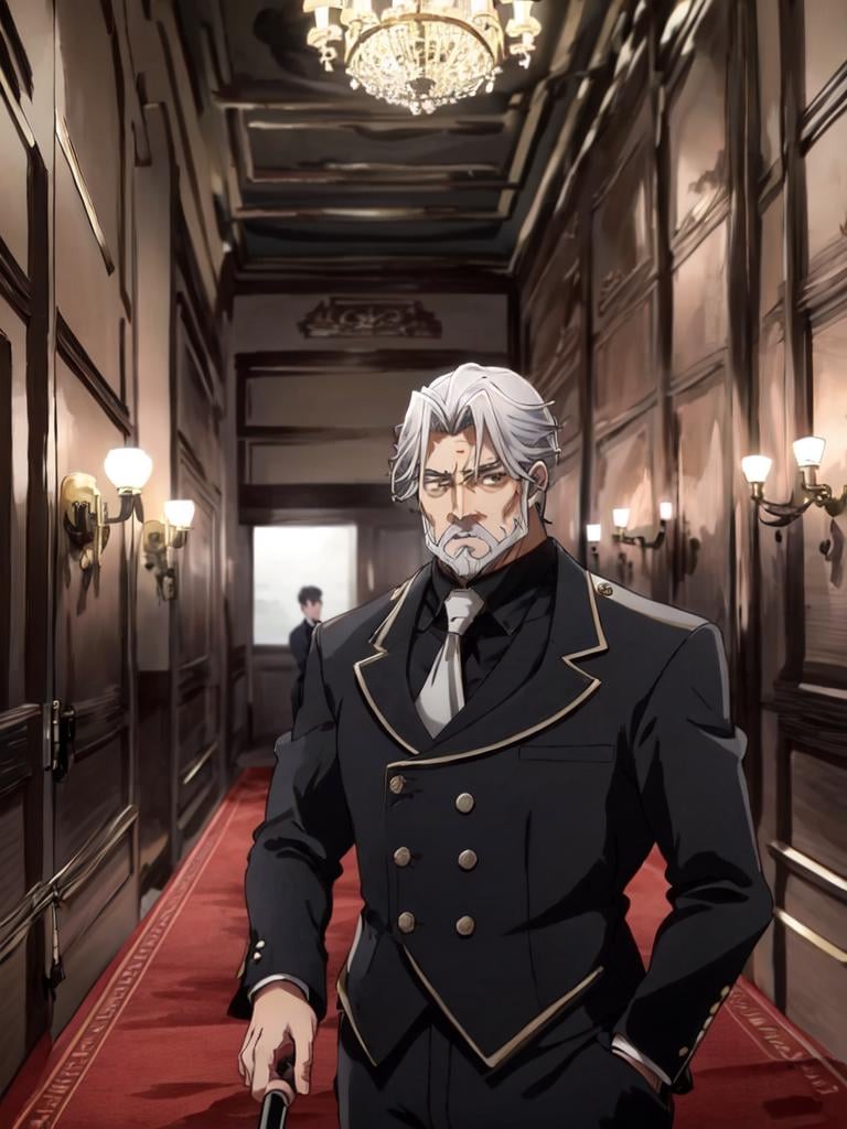 sebas <lora:sebas:0.7> 1boy 50yo old man, hair_slicked silverglay hair glaybeard glay mustache glay facial hair curtained hair, glay eyes, stocky muscular, tall person +++ black suit black collared shirt glay necktie white glove Aristocratic mansion red carpet, stairwell, stairs chandelier 