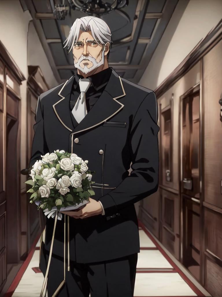 sebas <lora:sebas:0.7> 1boy 50yo old man, hair_slicked silverglay hair glaybeard glay mustache glay facial hair curtained hair, glay eyes, stocky muscular, tall person +++ black suit black collared shirt glay necktie white glove Aristocratic mansion red carpet, corridors Statue Vase of roses 