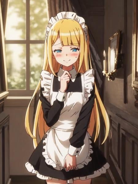 tuare <lora:tuareninya:0.7> cute kawaii 1girl 14yo blond hair straight hair long hair blunt bangs sidelock, turquoise eyes, small breasts, (troubled eyebrows:0.6) (squinting eyes:1.4) smile embarrassed nose blush:1.8  maid long sleeve blouse black long skirt white apron maid headdress white socks shoes white glove Aristocratic mansion entrance chandelier Portrait of an old man 