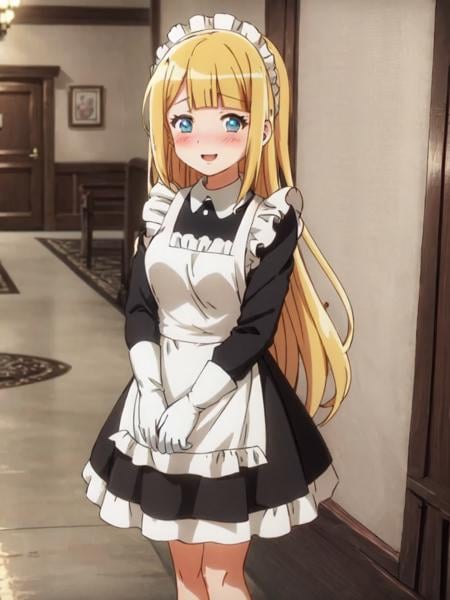 tuare <lora:tuareninya:0.7> cute kawaii 1girl 14yo blond hair straight hair long hair blunt bangs sidelock, turquoise eyes, small breasts, (troubled eyebrows:0.6) closed eyes smile:1.2 embarrassed nose blush:1.8  maid long sleeve blouse black long skirt white apron maid headdress white socks shoes white glove Aristocratic mansion red carpet, corridors Statue Vase of roses 